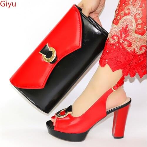 Doershow New red color Italian Shoes With Matching Bags African Women Shoes and Bags Set For Prom Party Summer Sandal ! HWQ1-5