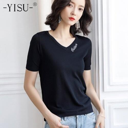 YISU Womens T-Shirt Fashion Female Tee Letters printing Casual pullover basis T-shirts V-neck Short sleeve T Shirt Women Summer