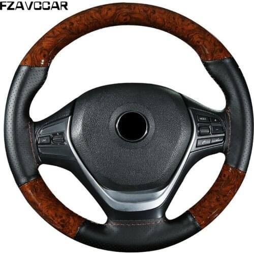 FZAVCCAR 37/38CM Wood Pattern and Microfiber Leather Mixed Leather Car Steering Wheel Cover For Most Steering Wheel