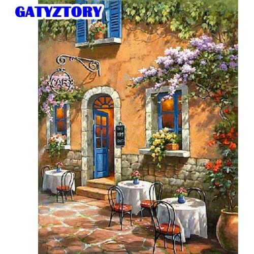 GATYZTORY Painting By Numbers Kits For Adults Children Handmade 60x75cm Frame Village Street Coffee House Scenery Paint Artcraft