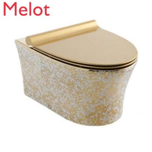 Ceramic Chinese Wall Mounted Luxury Gold Color Bathroom Rimless With UF Soft Close Seat Cover toilet