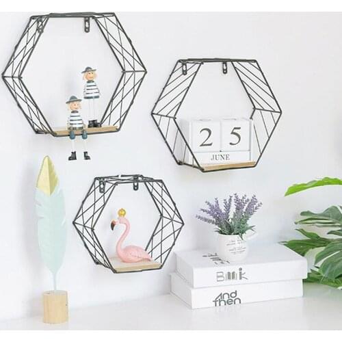 Retro Nordic Style Iron Hexagonal Grid Wall-mounted Rack Wall Storage Shelf Hanging Storage Home Decoration Accessories
