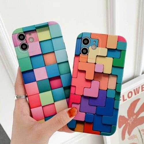 Fashion Block Cube Soft Silicone 3D Case For iPhone 11 12 Pro Xr Xs Max 12 Mini SE2 7 8 Plus Rainbow Color Protection Back Cover