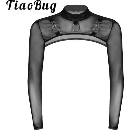 Mens Sexy Lingerie Half Crop Top Mock Neck O-Ring Decor Nightclub See-Through Mesh Tank Top for Party Stage Performance Clubwear