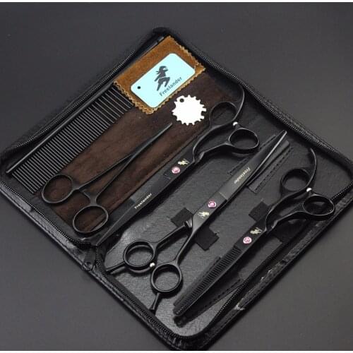 7.0 inch black lacquered fine teeth 3 piece set hairdressing scissors pet grooming scissors cat and dog fashion styling tools