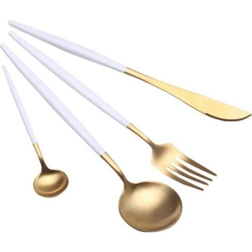 4Pcs/Set White Gold Cutlery Set Western Style Stainless Steel Tableware Home Use Flatware Knives Forks Spoon Dinnerware Gift Set
