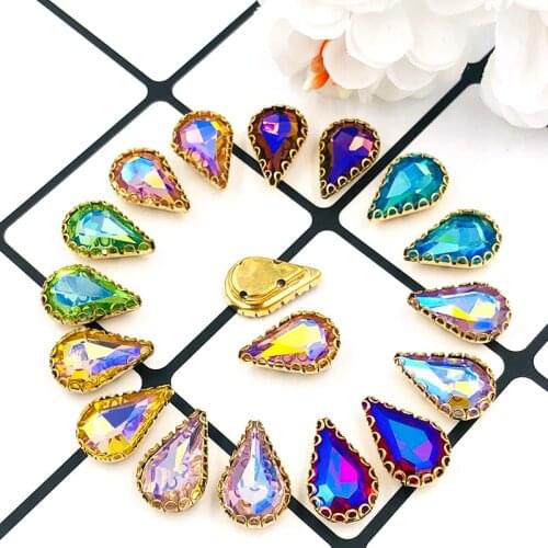 New arrival 8x13mm Pear shape strass gold base lacy claw glass crystal sew on rhinestones for clothing accessories