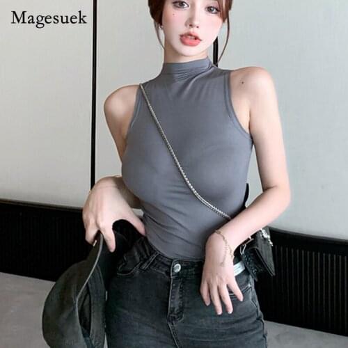 Sexy Summer 2021 Women Fashion Blouse Solid Cotton Thin Sleeveless Tops for Women Sweet Half High Collar Gray Blouse Blusa 15570
