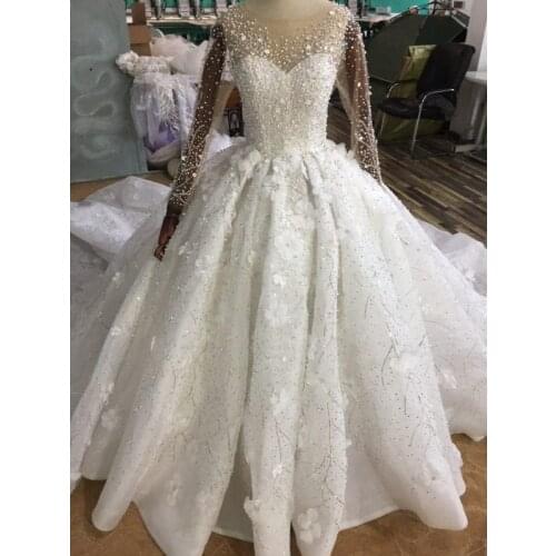 Luxury Princess Ball Gown Arabic Wedding Dresses Sheer Long Sleeves Floral Appliques Beading Bridal Dress Vestido De Novia 2019