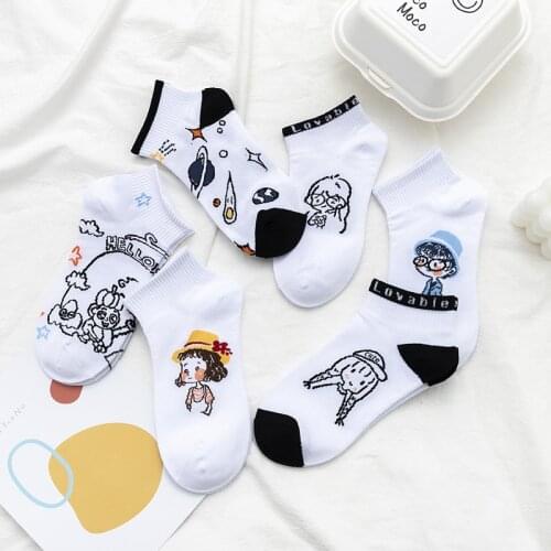 Cartoon spring and summer thin ladies breathable cotton ankle socks pencil sketch funny short ladies sock sports invisible socks