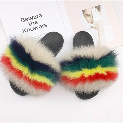 Hot Sale Summer Womens Fox Fur Slippers Ladies Real Fur Slides Female Indoor Flip Flops Fur Sandals Girls Cute Fluffy Sandals