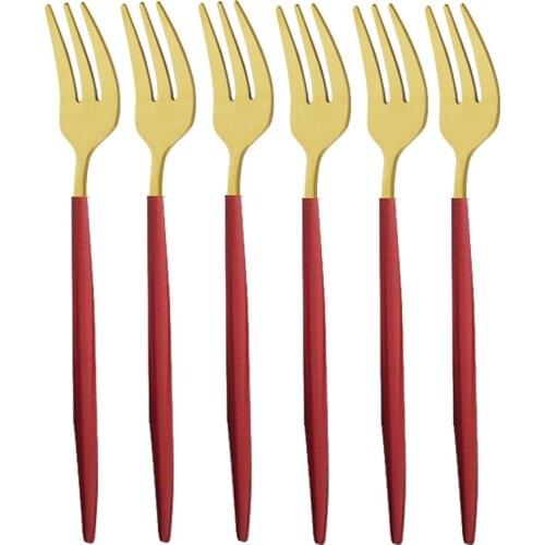 6PCS Red Gold Fruit Fork Stainless Steel Cake Forks For Dessert Tea Fork Rainbow Dessert Fork For Snack Dinnerware Cutlery Set