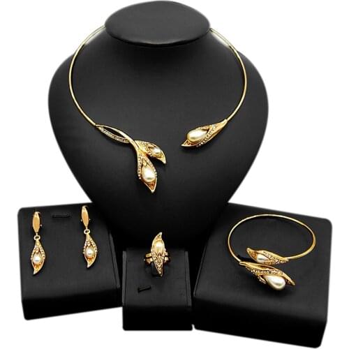 Yulaili Newest Charm Choker Necklace Bracelet Earrings Ring For Women Gold Color Filled Simulated Pearl African Jewelry Sets