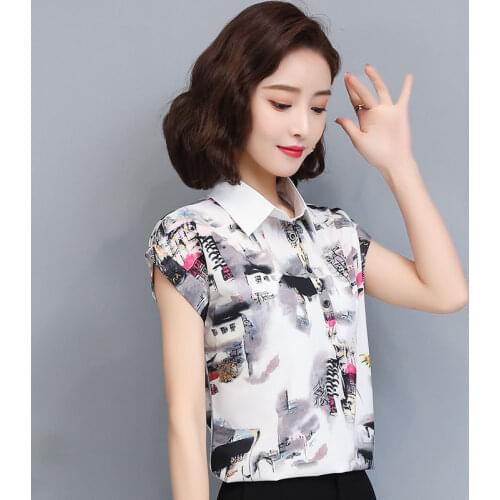 Womens Spring Summer Style Chiffon Blouses Shirt Womens Elegant Peter pan Collar Printed Short Sleeve Button Casual Tops SP246