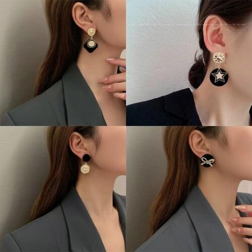 2021 New Trendy Black Star Bowknot Geometric Round Drop Dangle Earrings for Women Korean Fashion Jewelry Crystal Cute Romantic