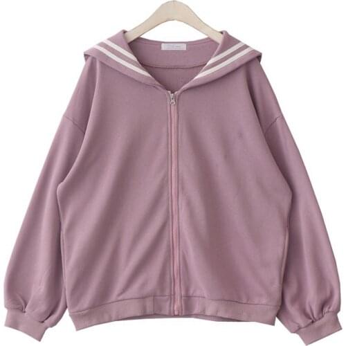 Autumn Retro Oversize Navy Collar Zipper Cardigan Coat Women Casual Teen Girls Solid Warm Long Sleeve Loose Coat Female Outwear