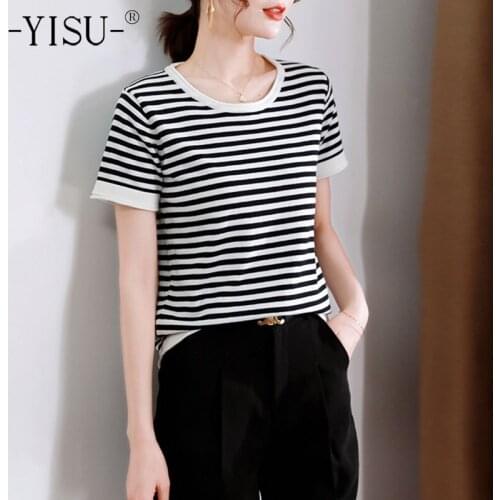 YISU College style Women Simple summer Thin section Sweater O-Neck Female Casual Jumper Stripe Short sleeve Knitted Pullover