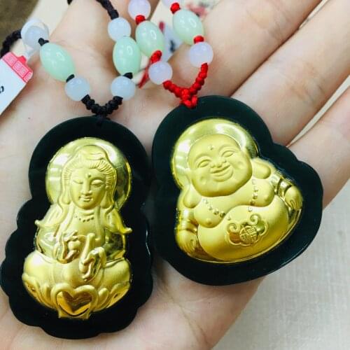 Zheru Jewelry Pure natural black Hetian jade inlaid 24K gold Guanyin Buddha pendant necklace Large gold inlaid jade Send certifi