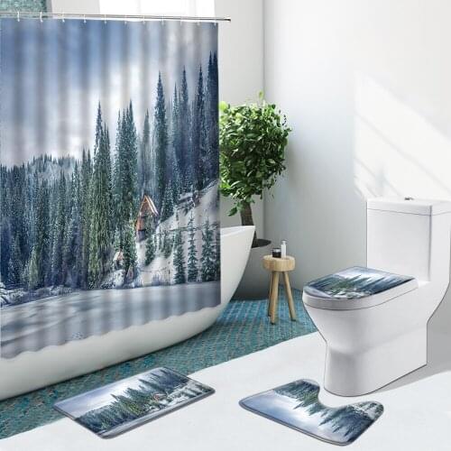 Winter Snow Scene Shower Curtain Trees Ice Lake Surface Bath Mat Non-Slip Flannel Rugs Toilet Cover Bathroom Decor Set With Hook