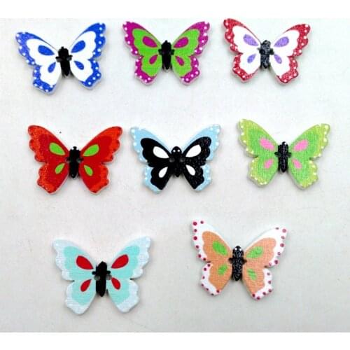 100pcs wooden diy craft accessories cute cartoon colorful butterfly buttons wooden buttons for childrens clothing decoration