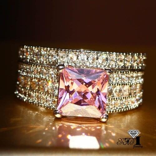 2pcs YaYI Jewelry Fashion Princess Cut 10*10mm Huge Colorfull Cubic Zirconia Silver Color Engagement Wedding Party Couples Ring