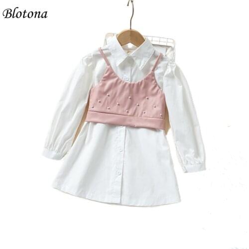 Blotona Baby Girls White Solid Color Long Sleeve Shirt Dress+Leather Beading Decoration Vest, Simple Style Summer Clothing, 2-7Y