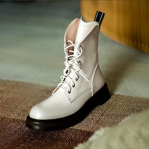 2021 Platform Heels Women Boots Genuine Leather Round Toe Winter Women Shoes Fashion Lace-up Short Boots Women Platform Shoes