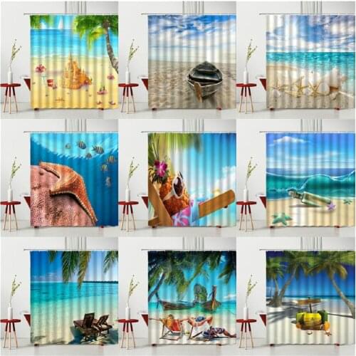 Scenery Shower Curtain Set Sandy Beach Pineapple Starfish Wishing Bottle Shell Waterproof Polyester Fabric Bathtub Decoration