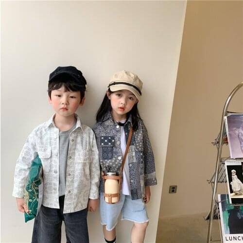 Childrens Autumn Coat 2021 New Boys and Girls' National Style Vintage Turn-down Collar Fashion Print Shirt Coat Boy Fall Coat