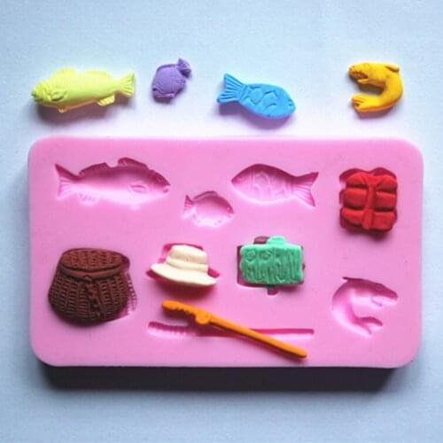 Fish pole fish creel strawhat fondant cake molds soap chocolate mould for the kitchen baking FM103