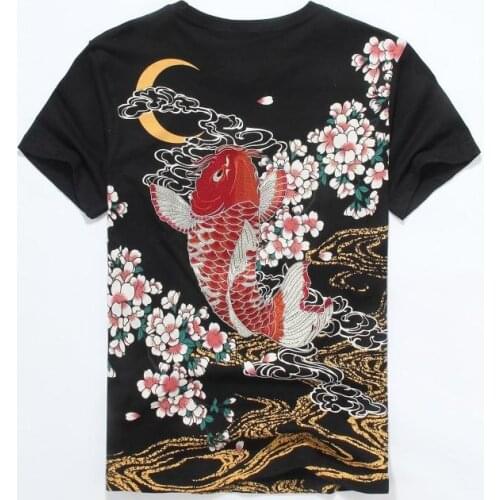 Japanese Ukiyoe Style Unisex T Shirt Embroidery Carp Fish High Quality Summer Ethnic T-shirt Tops Tees Fashion Free Shipping