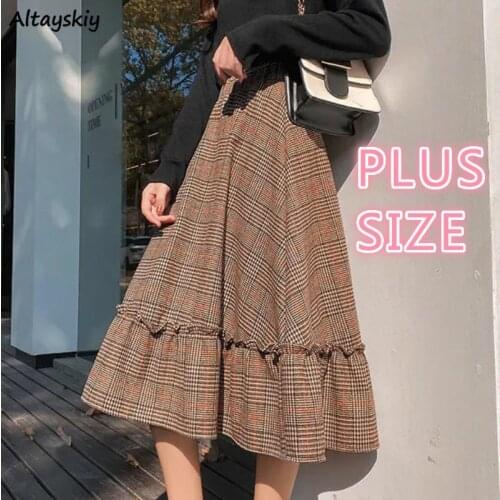 Plaid Skirts Mid-calf High Waist Elastic Spring Autumn Ruffle Vintage A-line Korean Style Retro 3XL Plus Size Faldas Mujer Slim