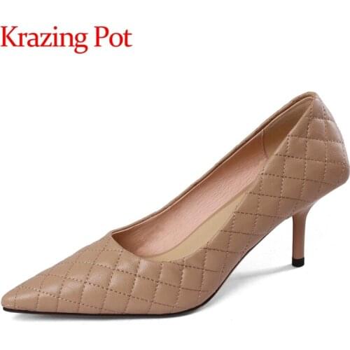 Krazing Pot pointed toe high heels shallow office lady dating Europen style high street fashion gingham slip on women pumps L50