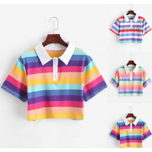 Summer T shirt crop top women Casual Color Stripe Button Lapel Beach Short Shirt rainbow print Short shirt aesthetic casual Tee