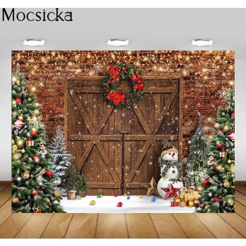 Mocsicka Brick Wall Winter Christmas Backdrop Wood Door Snowman Christmas Tree Snowflake Glitter Xmas Photo Background Photocall