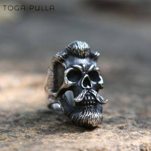 Vintage Mens Bearded Mustache Gentleman Skull Rings Heavy 316L Stainless Steel Punk Motorcycle Biker Jewelry Size 7-15