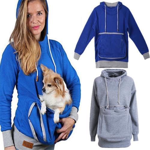 Spring Winter Warm Kangaroo Kitted Hoodie Pet Bag Cat Dog Carrier Holder Pullover Gray/Blue S-2XL