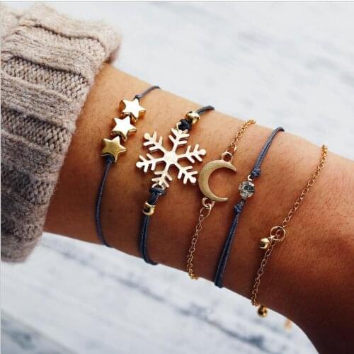 Bracelet set 5pcs/set rope metal chain snowflake moon star round disc charm white crystal setting gold color plated