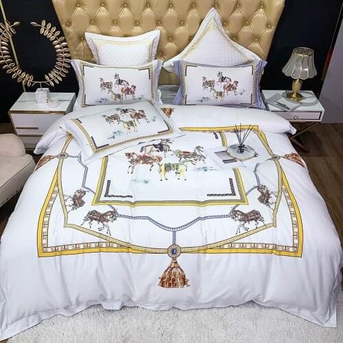 New Luxury White Satin Egyptian Cotton War Horse Digital Printing Bedding Set Duvet Cover Bed Linen Fitted Sheet Pillowcases