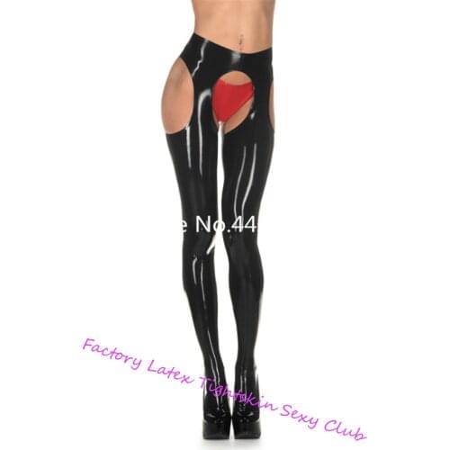 New Style Fetish Latex Suspender Tight with Red Brife Sexy Leggings with Socks Femals Rubber Latex Pantihose Latex Leggings