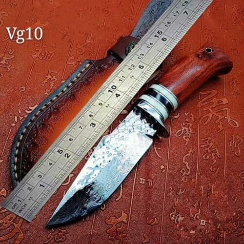 Wholesale pattern Damascus steel manual forged straight knife 60HRC hardness outdoor self-defense knife hunting