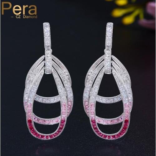 Pera Unique Pink Red Cubic Zirconia Silver Color Long Dangle Multilayer Circles Drop Luxury Wedding Party Earring for Women E641