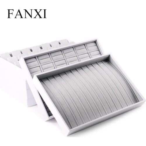 FANXI White PU Leather Jewelry Display Tray with Velvet Ring Bracelet Pendant Earring Display Tray Expositor Jewelry Organizer