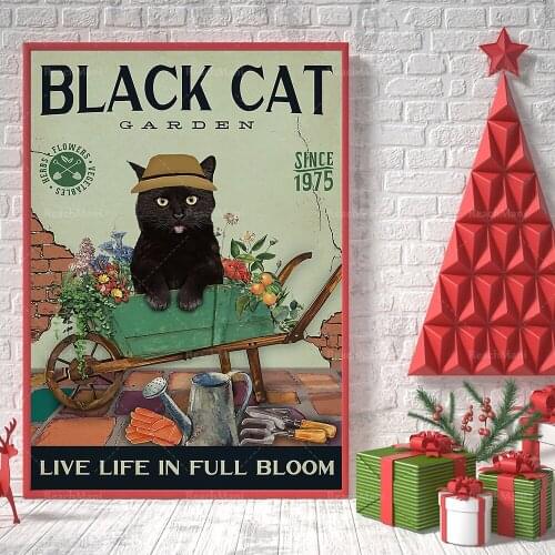 Cat Poster-Black Cat Garden Life is in full bloom, gardening art prints, love cat wall art, funny cat posters, the best gift eve