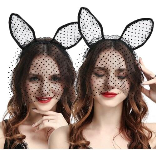 Fashion Women Girl Hairbands Lace Rabbit Bunny Ears Veil Black Eye Mask Halloween Party Headwear Hair Accessories