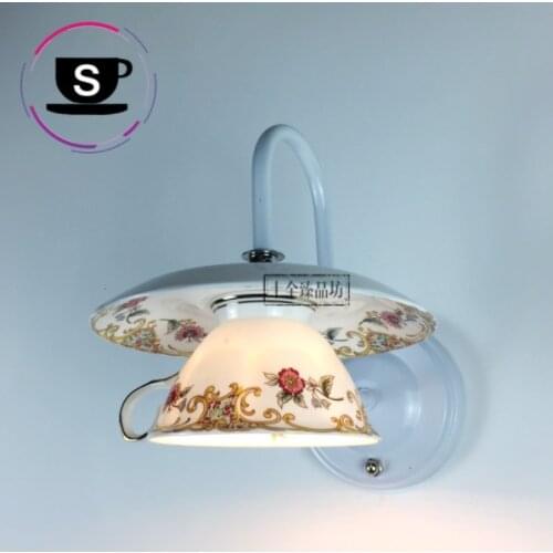 Retro Ceramic Coffee Cup Wall Lamp Creative European Pastoral Style Floral Translucent Restaurant Bedside Lamp Dessert Shop