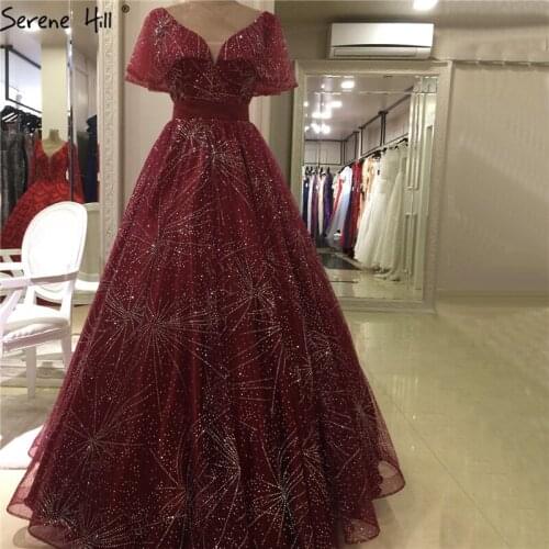 Dubai Luxury Sparkle Beach Evening Dresses Design 2020 Wine Red V-Neck Sexy Evening Gowns Real Photo DLA60732