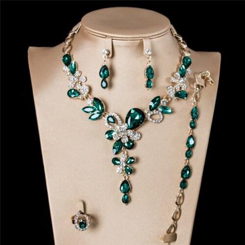 Luxury 4Pcs Luxury Crystal Flower Bridal Wedding Jewelry Sets Gold Color Rhinestone Earrings Necklace Bracelet Ring For Women