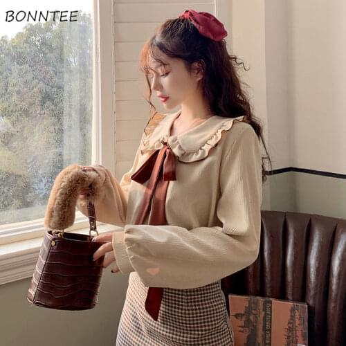 Shirts Women Vintage Sweet Peter Pan Collar Spring Fall Retro Bow Design College Girl Top All-match Korean Femme Blusas Oversize