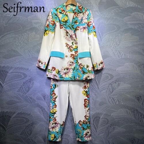 Seifrmann Summer Women Fashion Designer Pants Set Long Sleeve Double Breasted Jacket + High Waist Long Pants 2 Two Pieces Suits